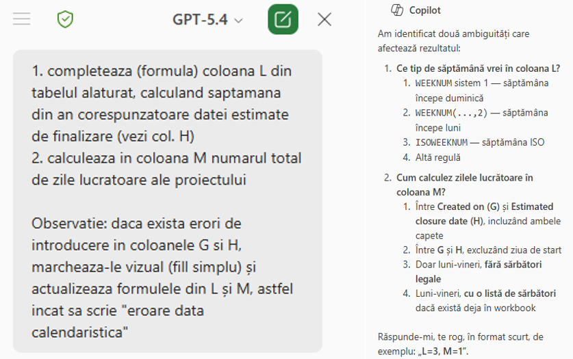 exemplu de prompt structurat in Excel cu Copilot, utilizat la training