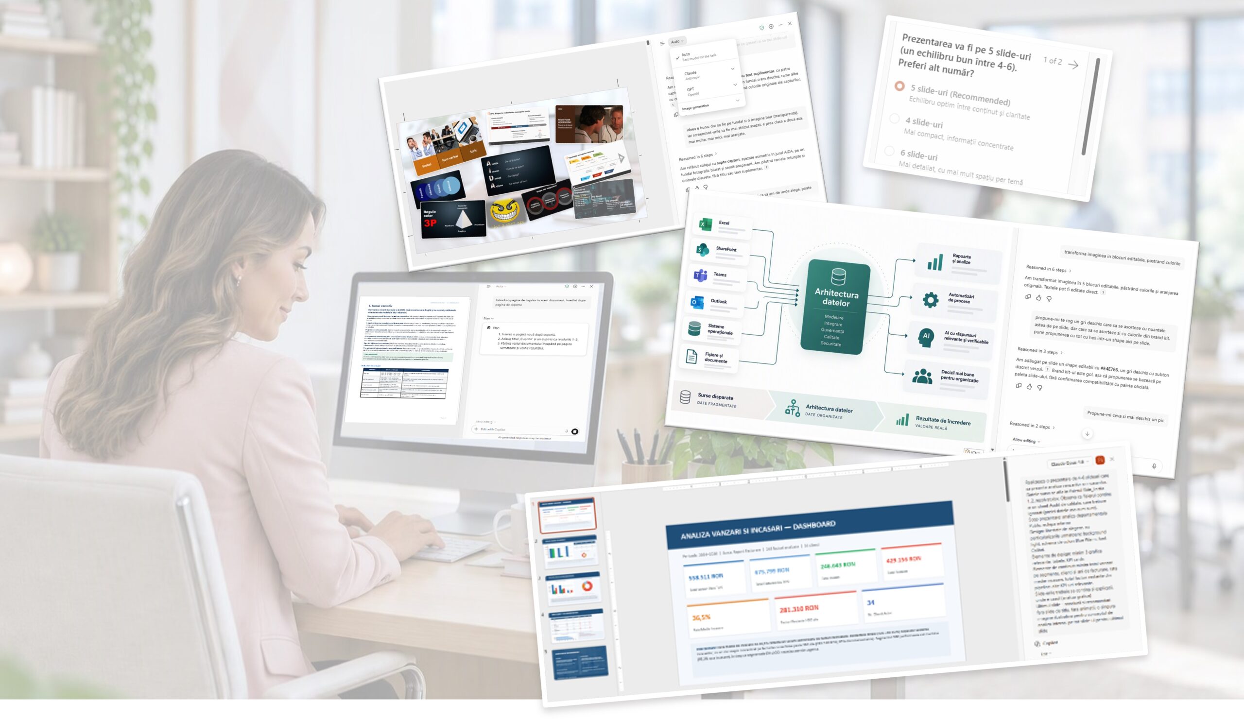 Capturi de ecran care ilustrează lucrul cu Copilot în aplicații Office